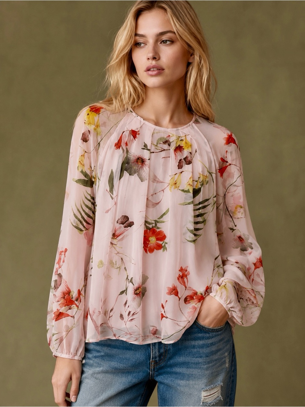Ted Baker Ballet Blush Pink Floral Long-Sleeve Feminine Cottagecore Sheer Blouse